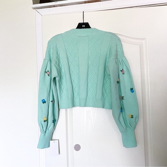 FLL Sweater Sutton Cardigan Cropped Sequin Floral Knit Puff-Sleeve Mint M NWT - Picture 7 of 9
